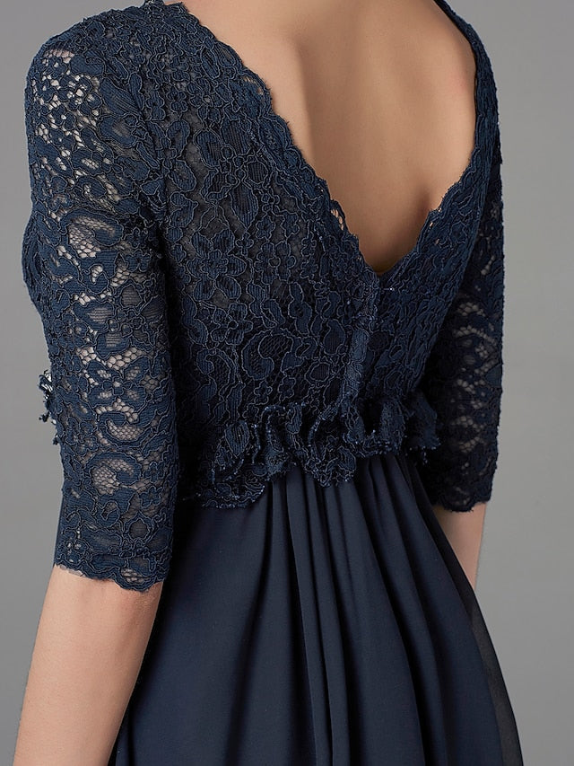 Luolandi A-Line Mother of the Bride Dress Elegant & Luxurious V Neck Floor Length Chiffon Lace Half Sleeve with Lace