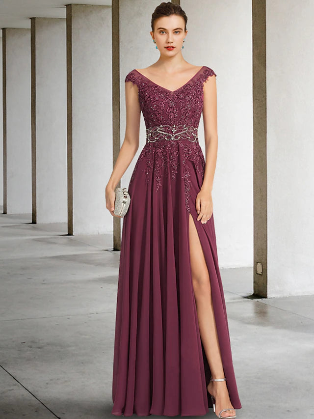 Luolandi A-Line Mother of the Bride Dress Luxurious Elegant V Neck Floor Length Chiffon Lace Sleeveless with Sash / Ribbon Beading