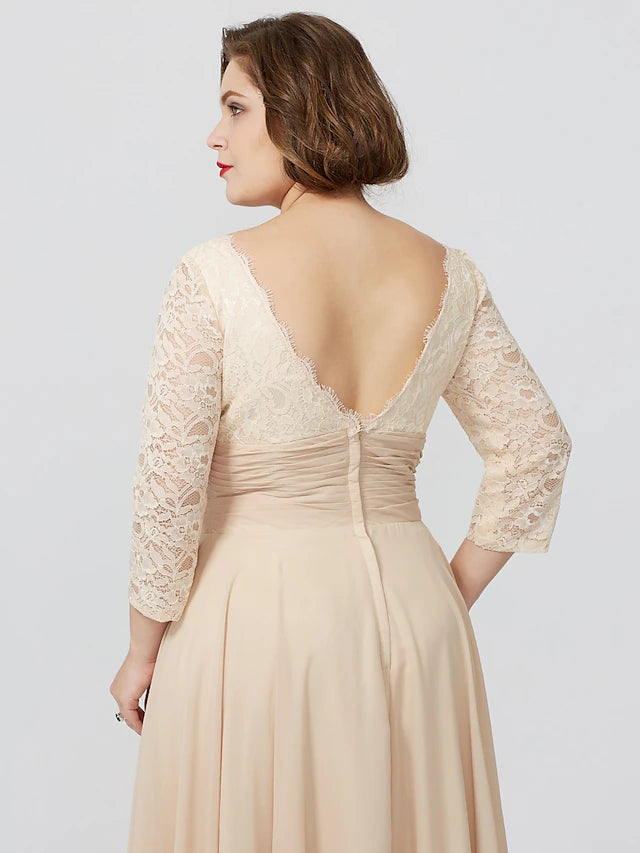 Luolandi Ball Gown A-Line Mother of the Bride Dress Formal Plus Size Elegant V Neck Floor Length Chiffon Sheer Lace 3/4 Length Sleeve with Appliques