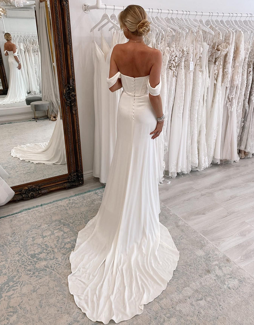 Luolandi Simple Long Boho Mermaid Wedding Dress with Slit Off Shoulder Sexy