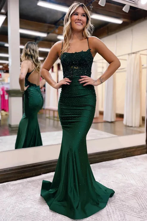 Luolandi Sparkly Dark Green Beaded Long Prom Dress with Appliques Sexy Evening Dress