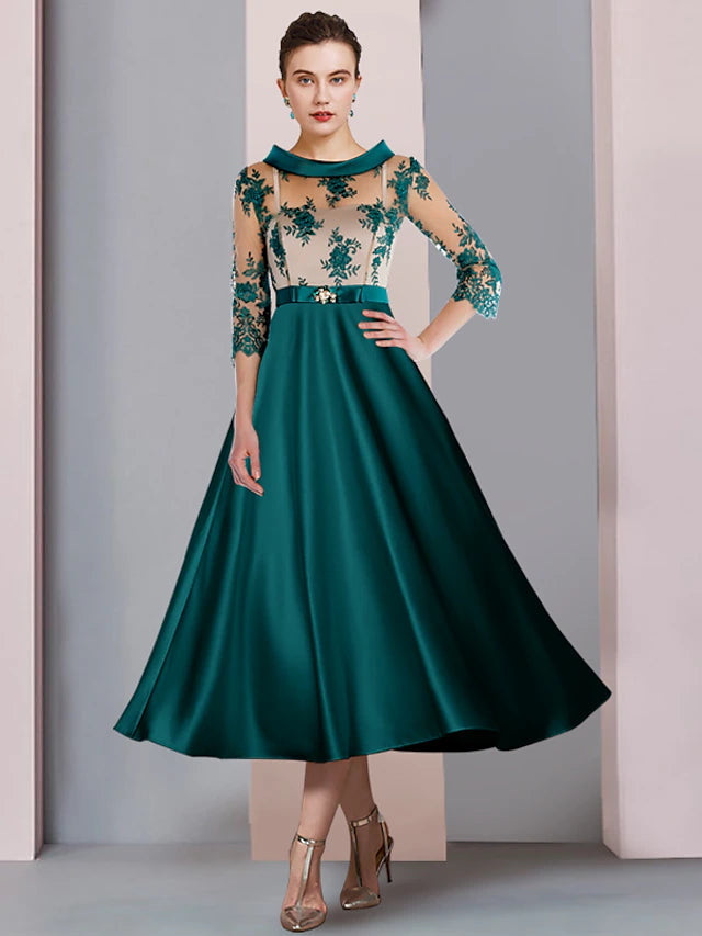 Luolandi A-Line Mother of the Bride Dress Formal Wedding Guest Party Elegant Scoop Neck Tea Length Satin Lace 3/4 Length Sleeve with Appliques