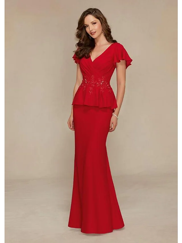 Luolandi Mother of the Bride Dress Elegant & Luxurious Plunging Neck Jersey Short Sleeve with Beading Embroidery