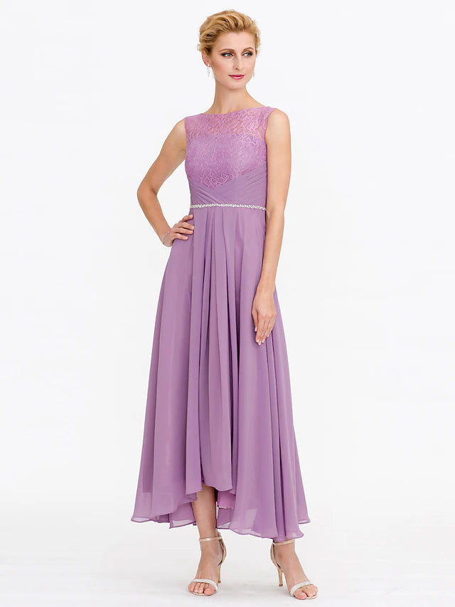 Luolandi Two Piece Ball Gown A-Line Mother of the Bride Dress Formal Church Convertible Dress High Low See Through Illusion Neck Asymmetrical Chiffon Lace 3/4 Length Sleeve