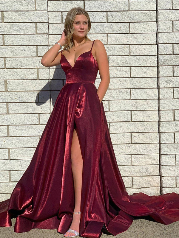 Luolandi Dark Red Satin A Line Tight Long Prom Dress With Slit Sexy Evening Dress