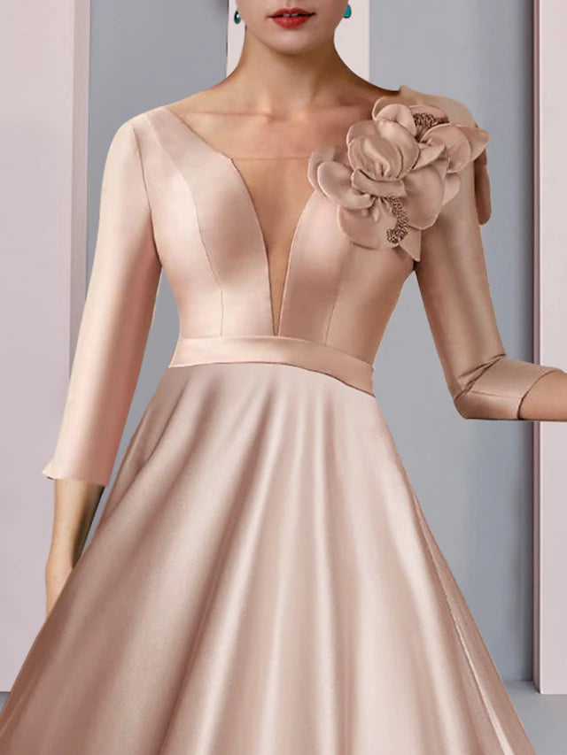 Luolandi A-Line Mother of the Bride Dress Formal Wedding Guest Party Elegant V Neck Tea Length Satin Lace Half Sleeve with Flower Beautiful
