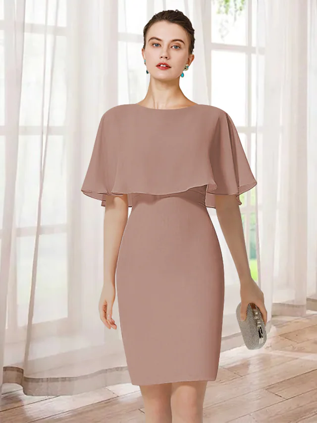 Luolandi Mother of the Bride Dress Elegant Jewel Neck Short Mini Chiffon Short Sleeve with Ruffles Pure Color