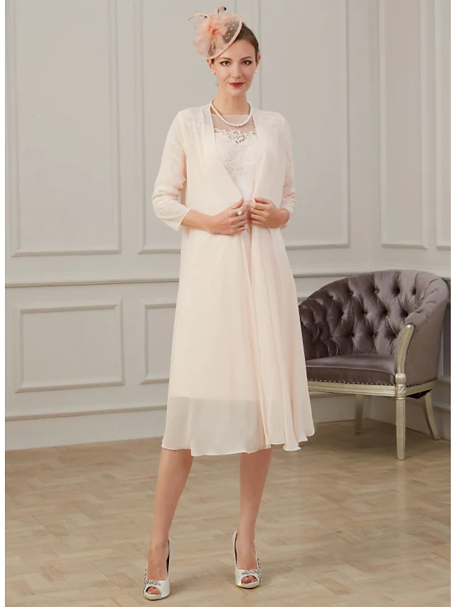 Luolandi Mother of the Bride Dress Elegant Neck Knee Length Chiffon Long Sleeve with Appliques Ruching Blushing Pink