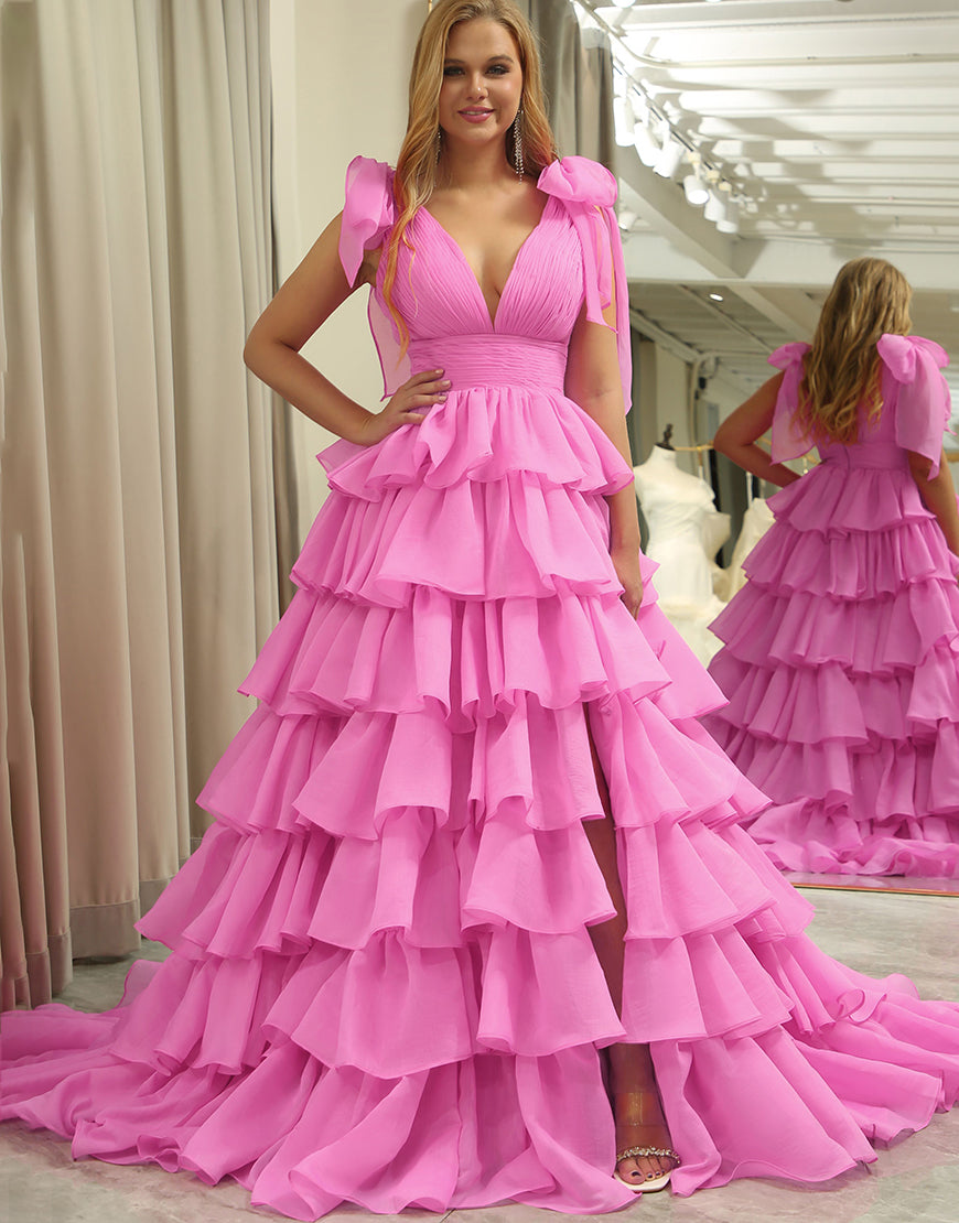 Luolandi Hot Pink A Line V Neck Long Tiered Prom Dress With Slit Sexy