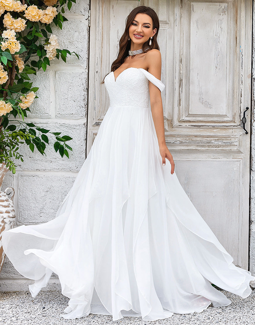 Luolandi Elegant A Line Off the Shoulder Ivory Chiffon Wedding Dress with Lace Sexy