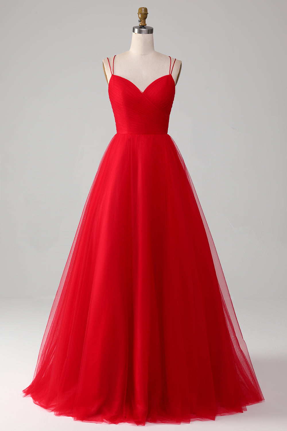 Luolandi Red Ball-Gown/Princess V-Neck Tulle Pleated Long Prom Dress Solid Color