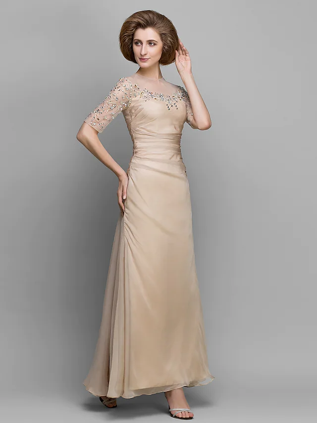 Luolandi A-Line Mother of the Bride Dress Vintage Inspired Jewel Neck Ankle Length Chiffon Half Sleeve with Ruched Beading Champagne