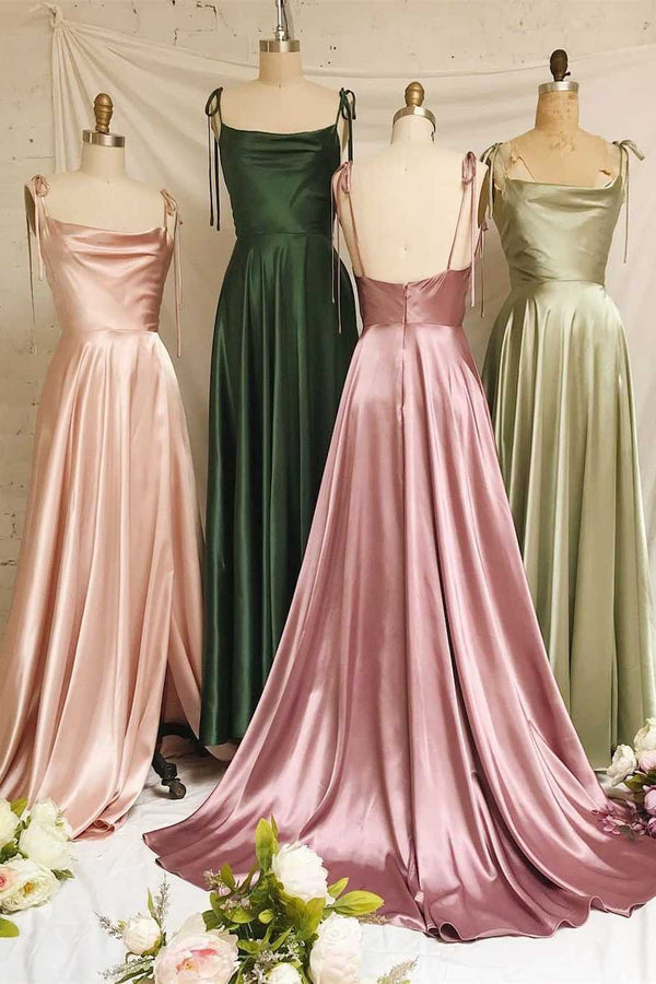 Luolandi Sweet A-line Cowl Neck Silk Long Prom Dress Solid Color Party Dress With Slit