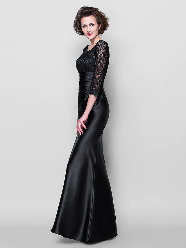 Luolandi Mother of the Bride Dress See Through Jewel Neck Floor Length Satin Lace Over Satin Length Sleeve with Lace