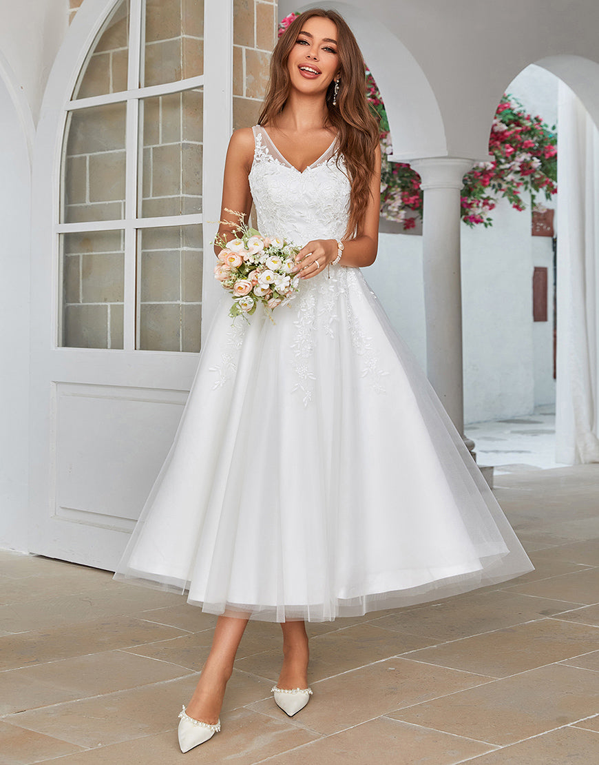 Luolandi Mid-Calf Tulle Wedding Dress with Lace Short Sexy