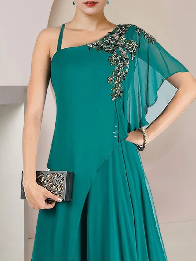 Luolandi A-Line Mother of the Bride Dress Formal Wedding Guest Elegant One Shoulder Floor Length Chiffon Sleeveless with Pleats