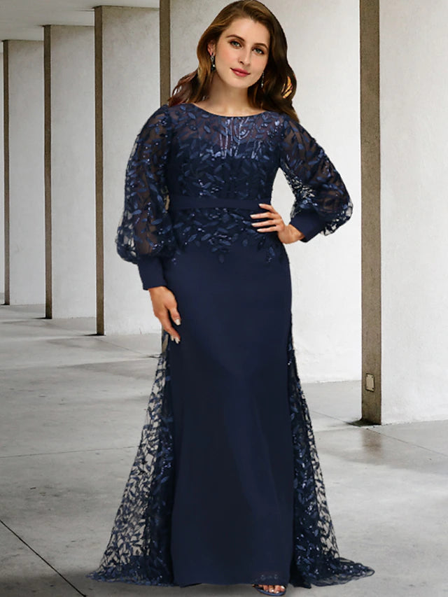 Luolandi Mermaid / Trumpet Plus Size Curve Mother of the Bride Dresses Vintage Dress Formal Sweep / Brush Train Long Sleeve Jewel Neck Chiffon with Sequin