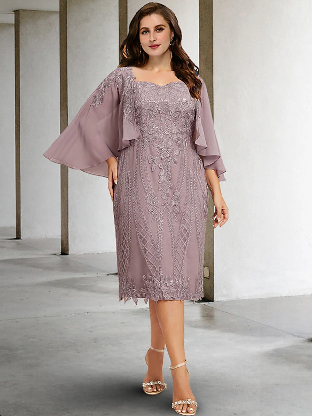 Luolandi Sheath / Column Plus Size Curve Mother of the Bride Dresses Elegant Dress Formal Tea Length Sleeveless Square Neck Chiffon with Beading