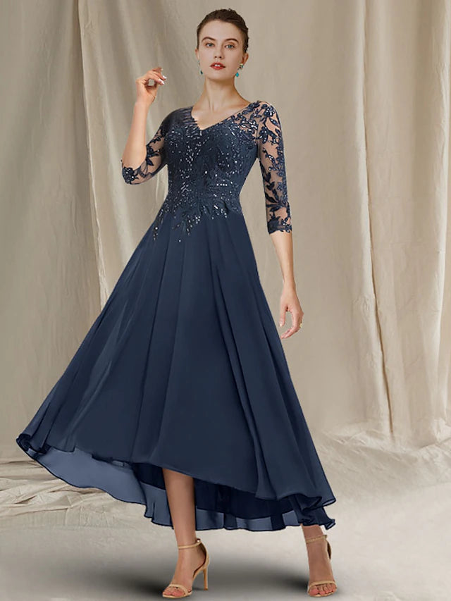 Luolandi A-Line Mother of the Bride Dress Elegant Sparkle & Shine High Low V Neck Asymmetrical Tea Length Chiffon Lace Half Sleeve with Sequin Ruffles