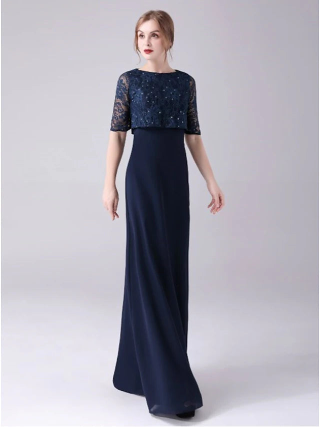 Luolandi A-Line Mother of the Bride Dress Elegant Sweet Jewel Neck Floor Length Chiffon Half Sleeve with Lace