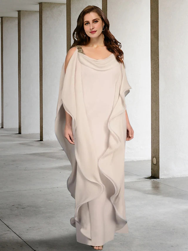 Luolandi Sheath / Column Plus Size Curve Mother of the Bride Dresses Elegant Dress Formal Floor Length Sleeveless Jewel Neck Chiffon with Beading