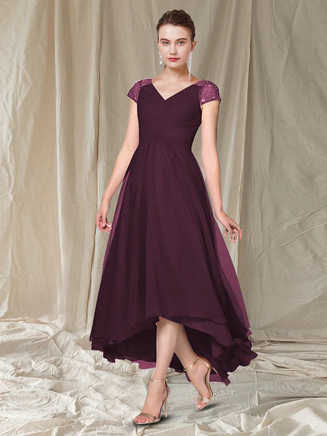 Luolandi A-Line Mother of the Bride Dress Elegant High Low V Neck Asymmetrical Ankle Length Chiffon Cap Sleeve with Pleats Beading