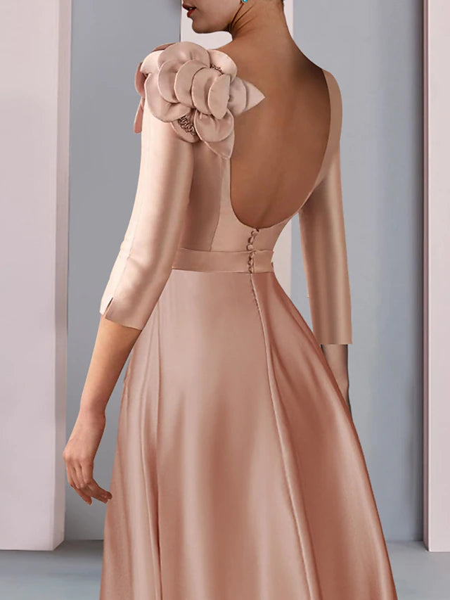 Luolandi A-Line Mother of the Bride Dress Formal Wedding Guest Party Elegant V Neck Tea Length Satin Lace Half Sleeve with Flower Beautiful