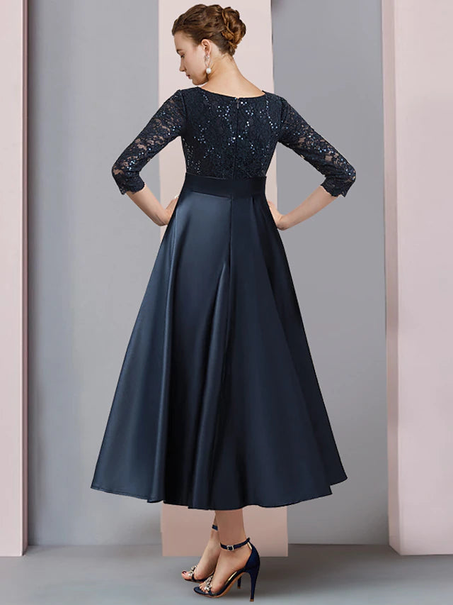 Luolandi A-Line Mother of the Bride Dress Wedding Guest Vintage Elegant V Neck Tea Length Satin Lace 3/4 Length Sleeve with Bow(s)