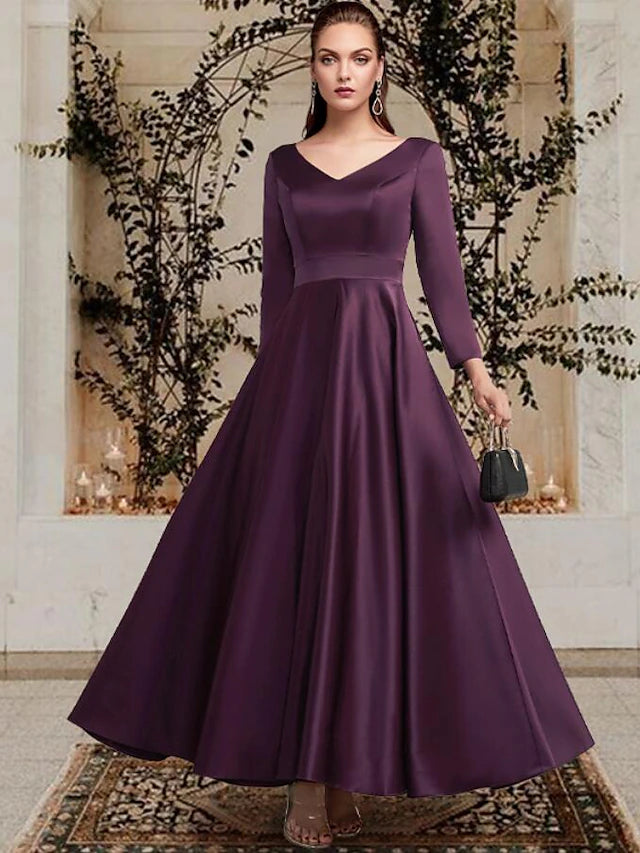 Luolandi A-Line Mother of the Bride Dress Plus Size Elegant V Neck Ankle Length Satin Long Sleeve with Pleats