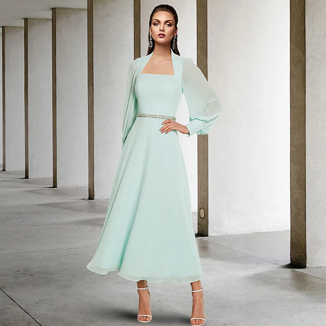 Luolandi Two Piece A-Line Mother of the Bride Dress Church Elegant Square Neck Tea Length Chiffon Short Sleeve Wrap Included with Sash