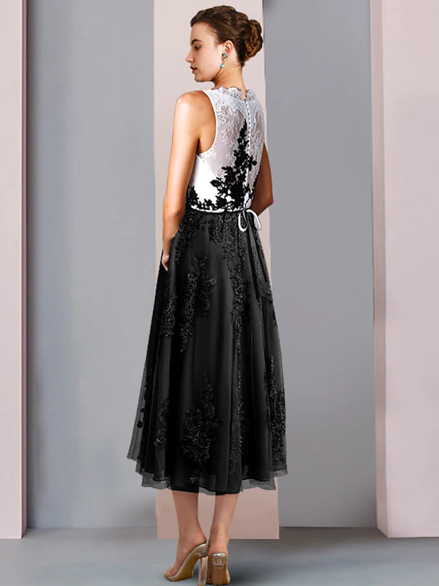 Luolandi Sheath / Column Mother of the Bride Dress Wedding Guest Vintage Party Scoop Neck Tea Length Lace Tulle Sleeveless with Bow(s)