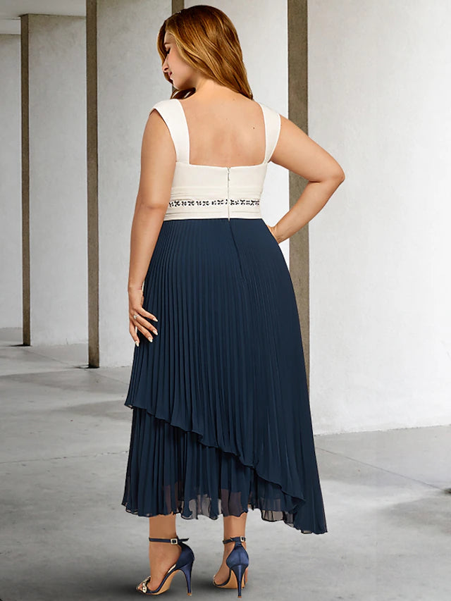 Luolandi Two Piece A-Line Plus Size Curve Mother of the Bride Dresses Color Block Dress Formal Ankle Length Sleeveless Square Neck Chiffon