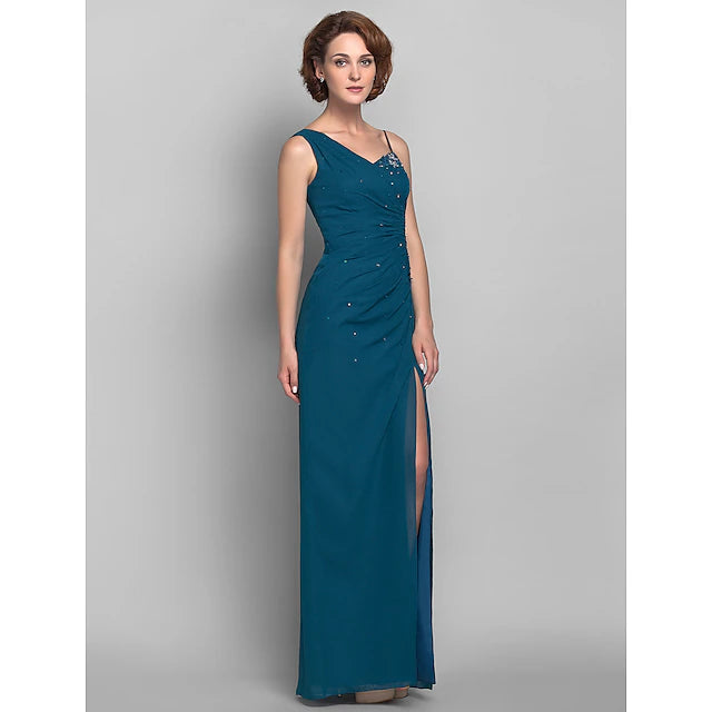 Luolandi Sheath / Column Mother of the Bride Dress Furcal One Shoulder Floor Length Chiffon Sleeveless