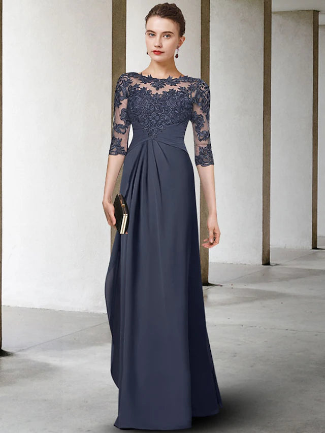 Luolandi Sheath / Column Plus Size Curve Mother of the Bride Dress Elegant Jewel Neck Floor Length Chiffon Lace Half Sleeve with Appliques