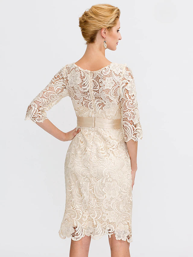 Luolandi Sheath / Column Mother of the Bride Dress Formal Wedding Guest Plus Size Elegant Illusion Neck Knee Length All Over Lace 3/4 Length Sleeve
