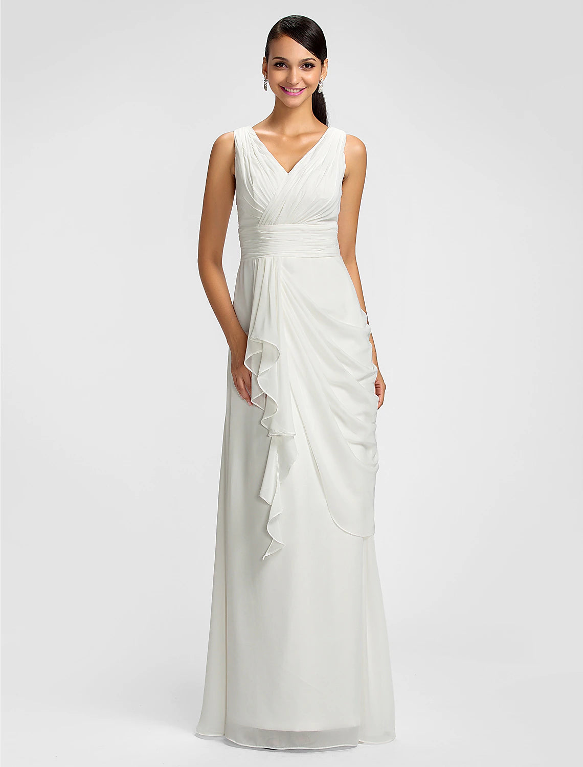 Luolandi Sheath / Column V Neck Floor Length Chiffon Bridesmaid Dress with Draping / Sash