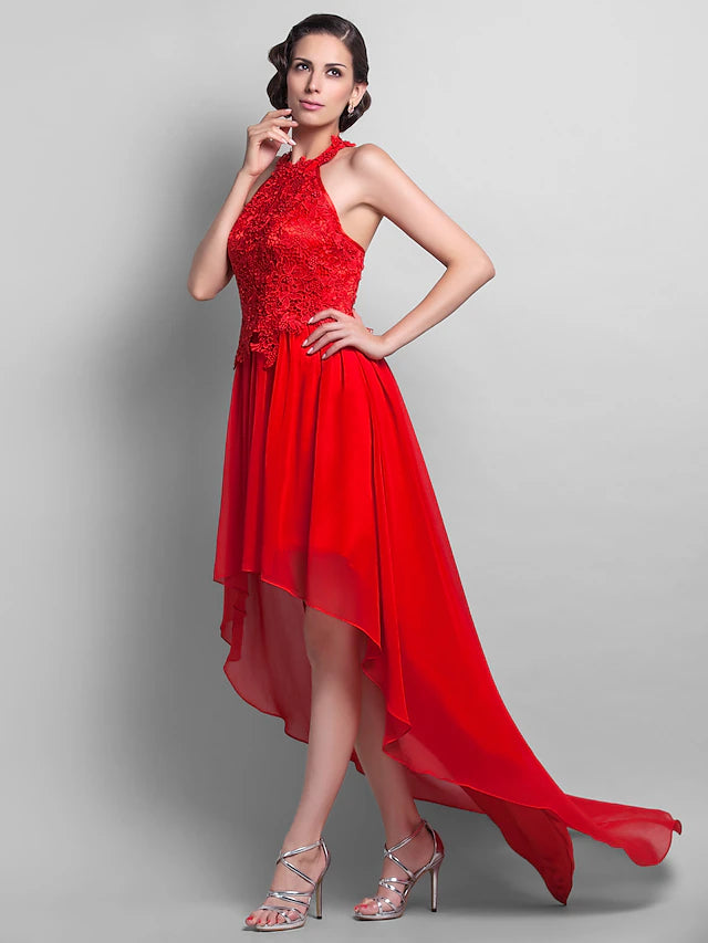 Luolandi Sheath / Column Elegant Dress Wedding Guest Asymmetrical Sleeveless Halter Chiffon Backless