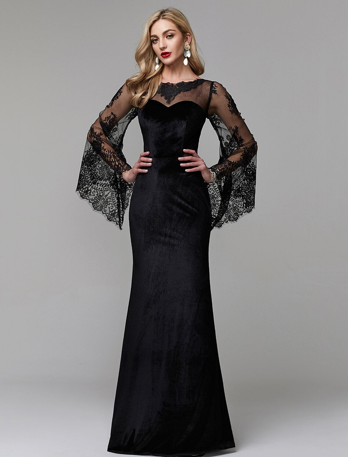 Luolandi Sheath / Column Elegant Dress Wedding Guest Floor Length Long Sleeve Illusion Neck Lace