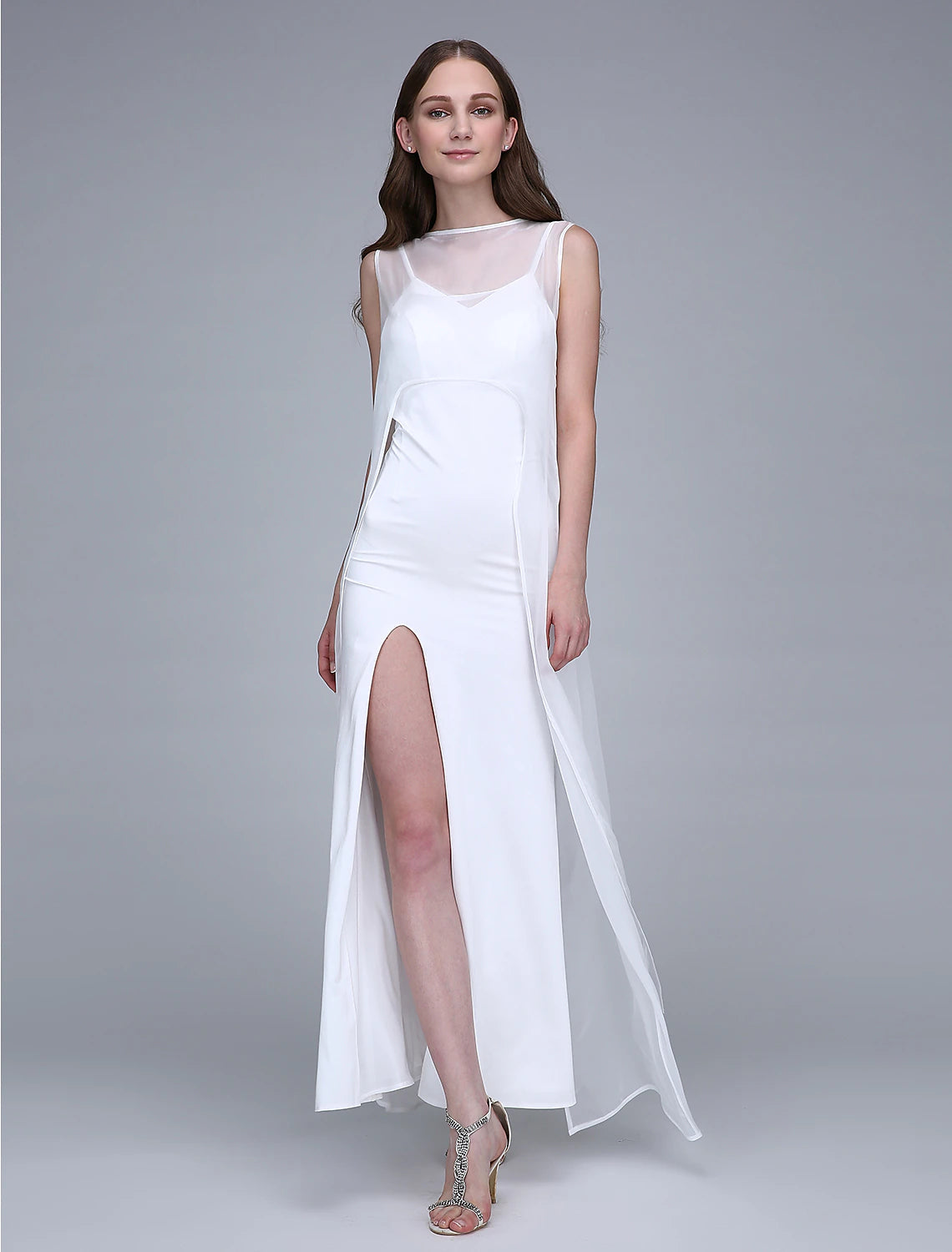 Luolandi Sheath / Column Bridesmaid Dress Bateau Neck Sleeveless Open Back Ankle Length Chiffon with Split Front