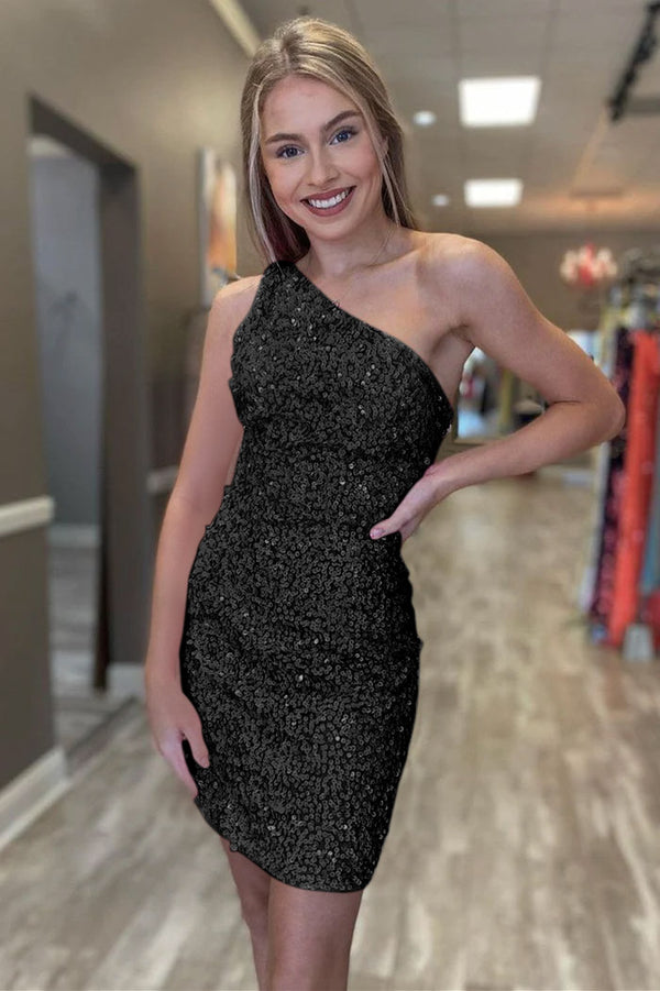 Luolandi Sheath One Shoulder Sequins Homecoming Dress Sparkly Party Dress