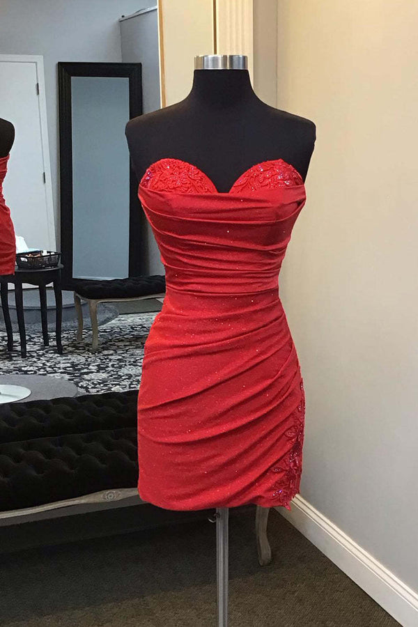 Luolandi Glitter Red Sweetheart Tight Short Homecoming Dress with Appliques Off Shoulder Party Dress