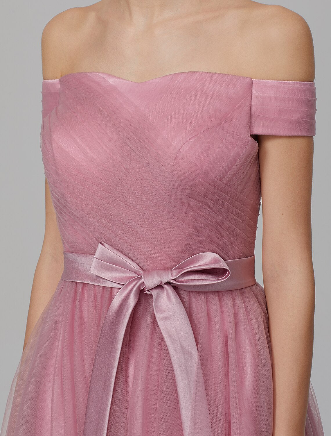 Luolandi A-Line Off Shoulder Knee Length Tulle Bridesmaid Dress with Sash / Ribbon Draping