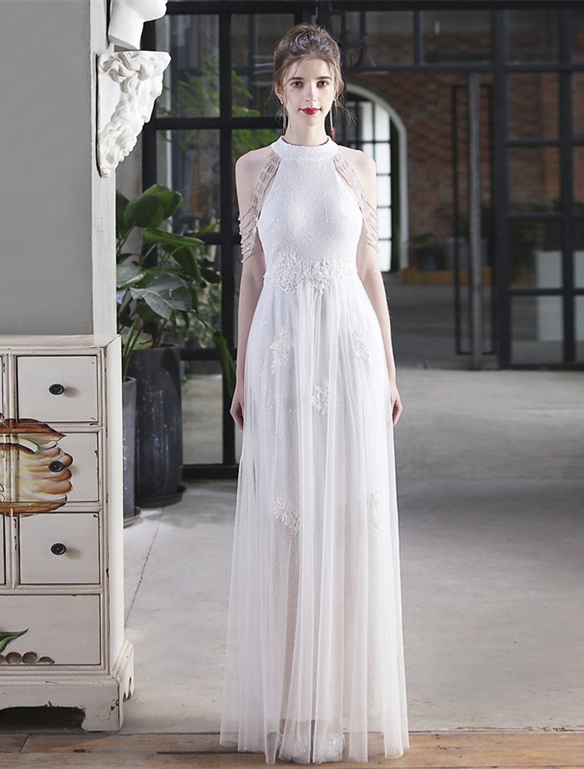 Luolandi A-Line Prom Dresses Sparkle & Shine Dress Party Wear Floor Length Short Sleeve High Neck Polyester with Sequin