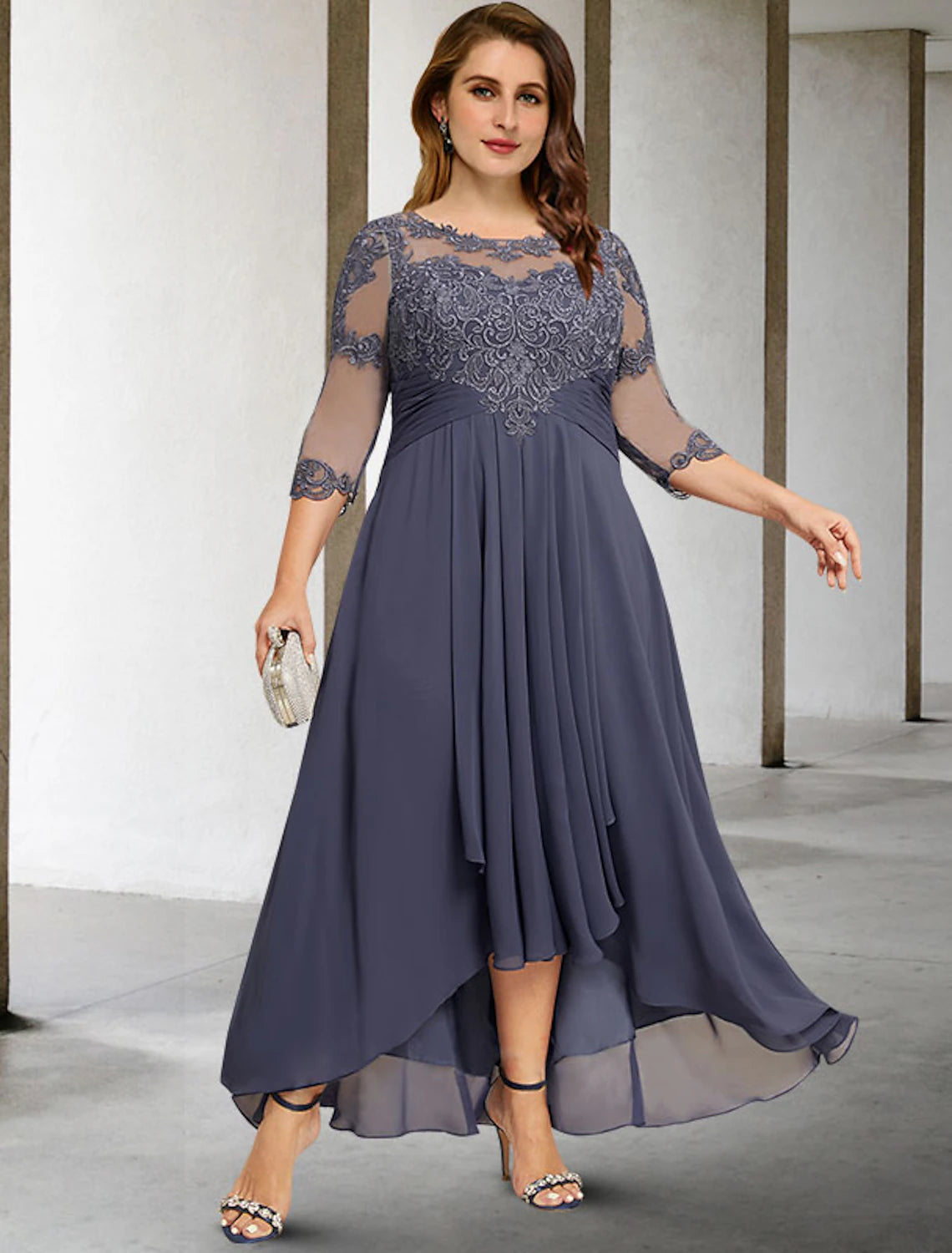Luolandi A-Line Mother of the Bride Dresses Plus Size Hide Belly Curve Elegant Fall Wedding Guest Dress Formal Asymmetrical 3/4 Length Sleeve Jewel Neck Chiffon with Pleats Ruched