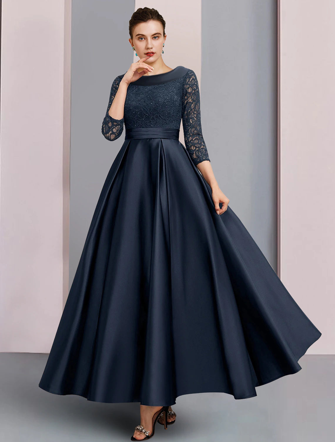 Luolandi A-Line Mother of the Bride Dress Formal Wedding Guest Elegant Vintage Bateau Neck Ankle Length Satin Lace 3/4 Length Sleeve with Pleats