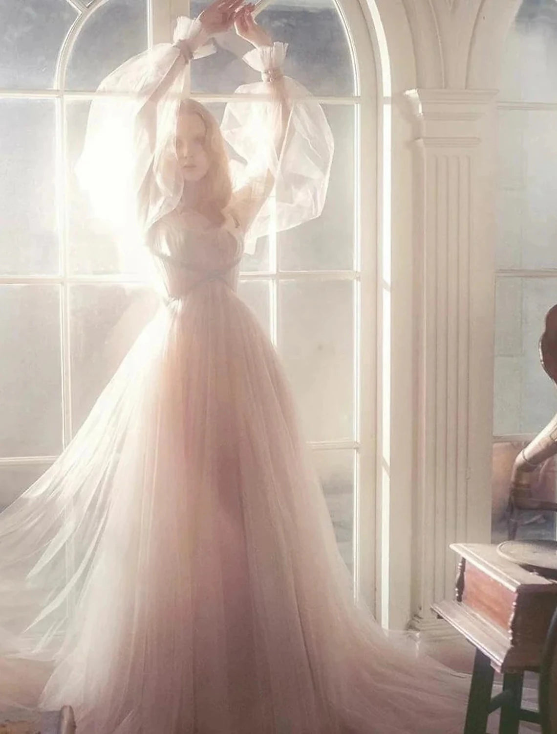 Luolandi A-Line Elegant Boho Engagement Formal Evening Birthday Dress Scoop Neck Long Sleeve Sweep / Brush Train Tulle with Pleats