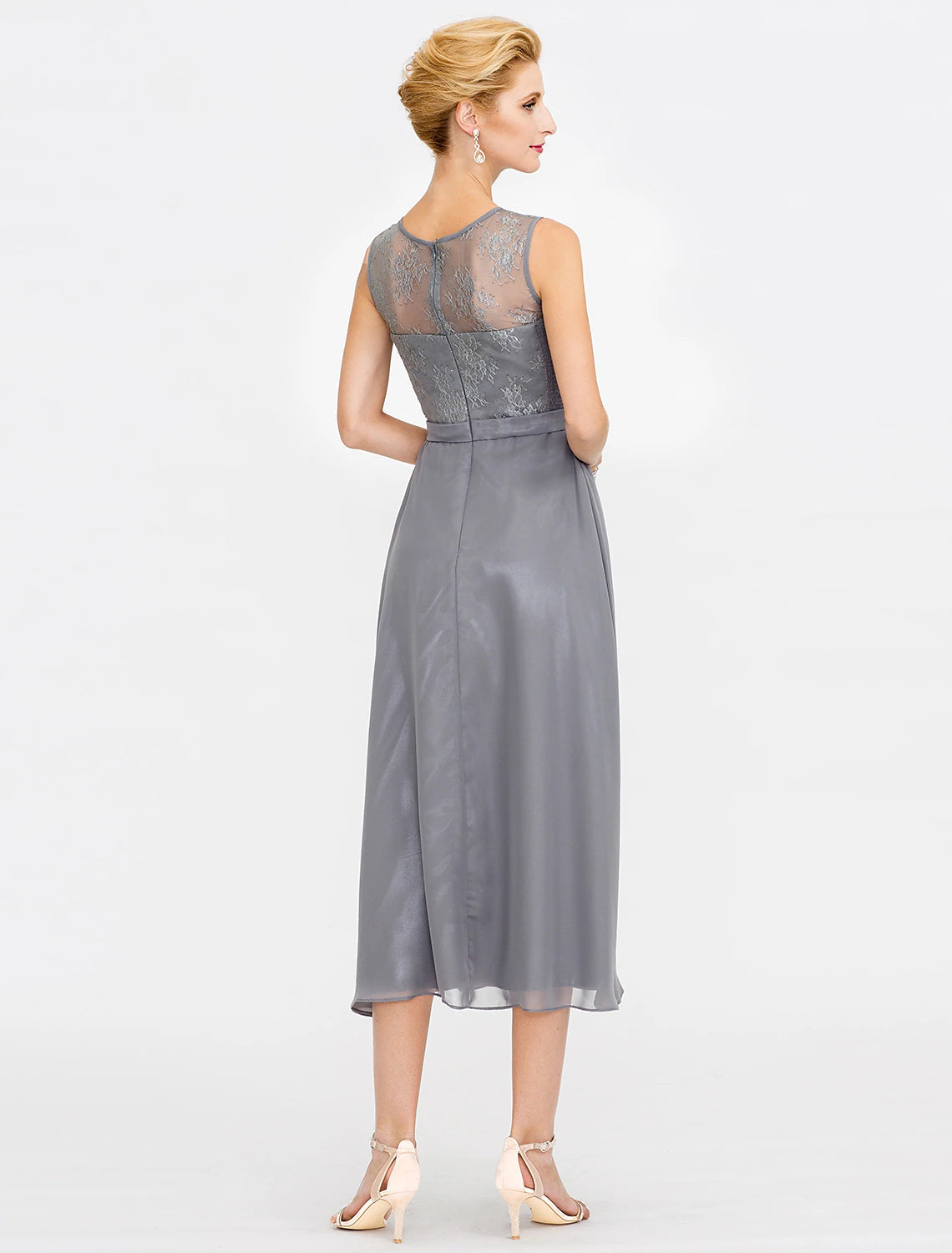 Luolandi A-Line Mother of the Bride Dress Fall Wedding Guest Dresses Plus Size Elegant Illusion Neck Tea Length Chiffon Corded Lace Sleeveless Wrap Included with Lace