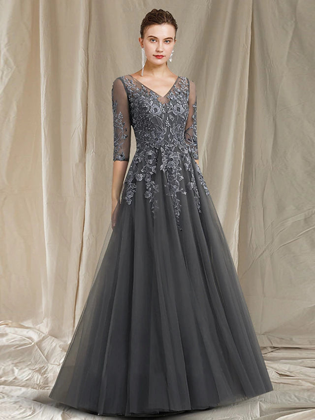 Luolandi A-Line Mother of the Bride Dress Elegant V Neck Floor Length Chiffon Lace Half Sleeve