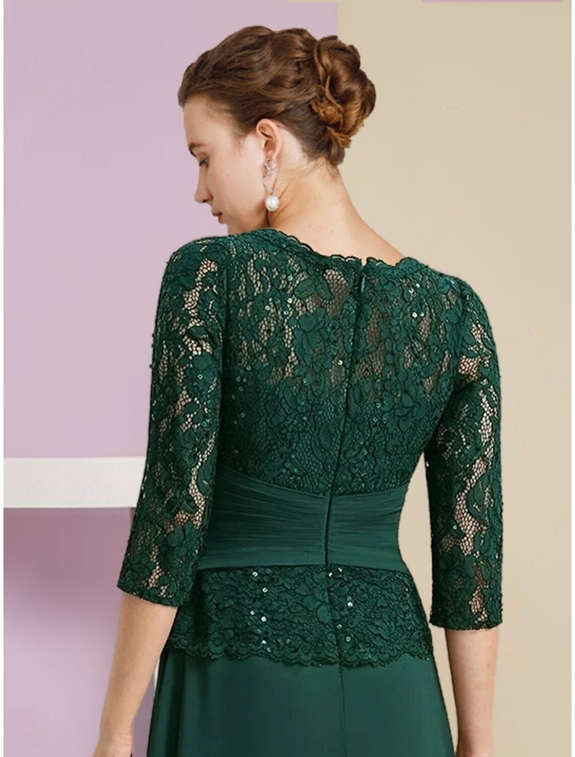 Luolandi A-Line Mother of the Bride Dress Wedding Guest Elegant Scoop Neck Floor Length Chiffon 3/4 Length Sleeve with Lace