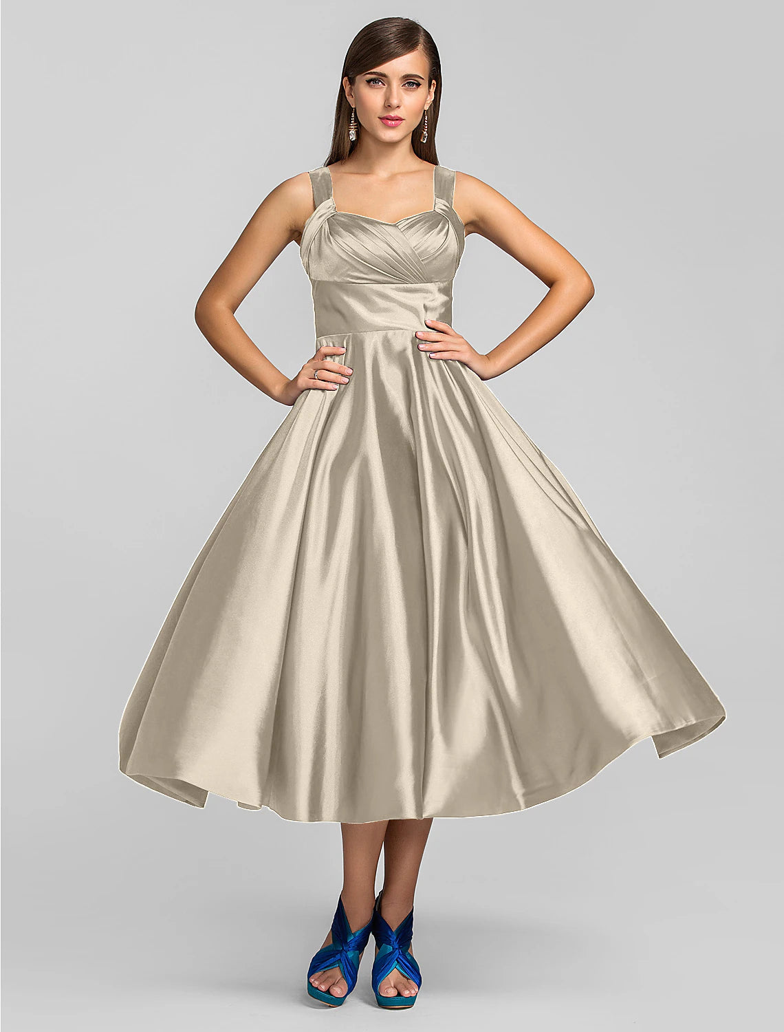 A-Line Minimalist Dress Wedding Guest Cocktail Party Tea Length Sleeveless Square Neck Stretch Satin with Criss